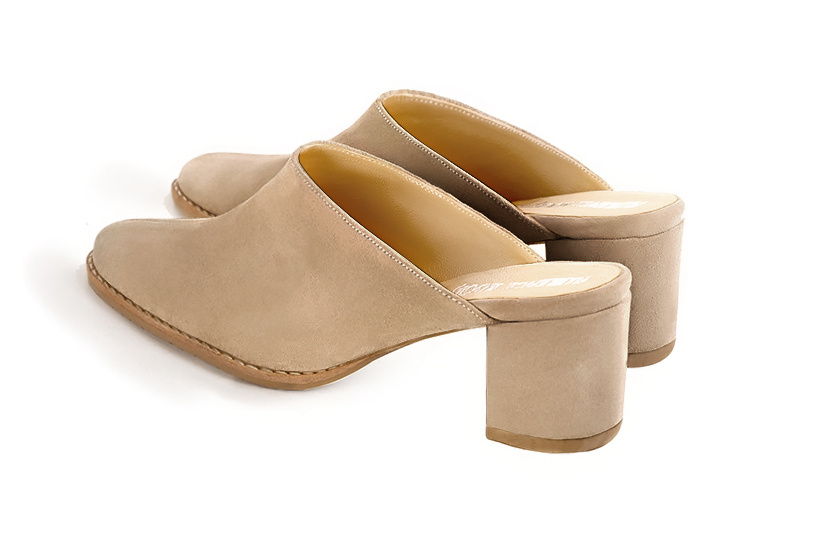 Tan beige women's clog mules. Round toe. Medium block heels. Rear view - Florence KOOIJMAN